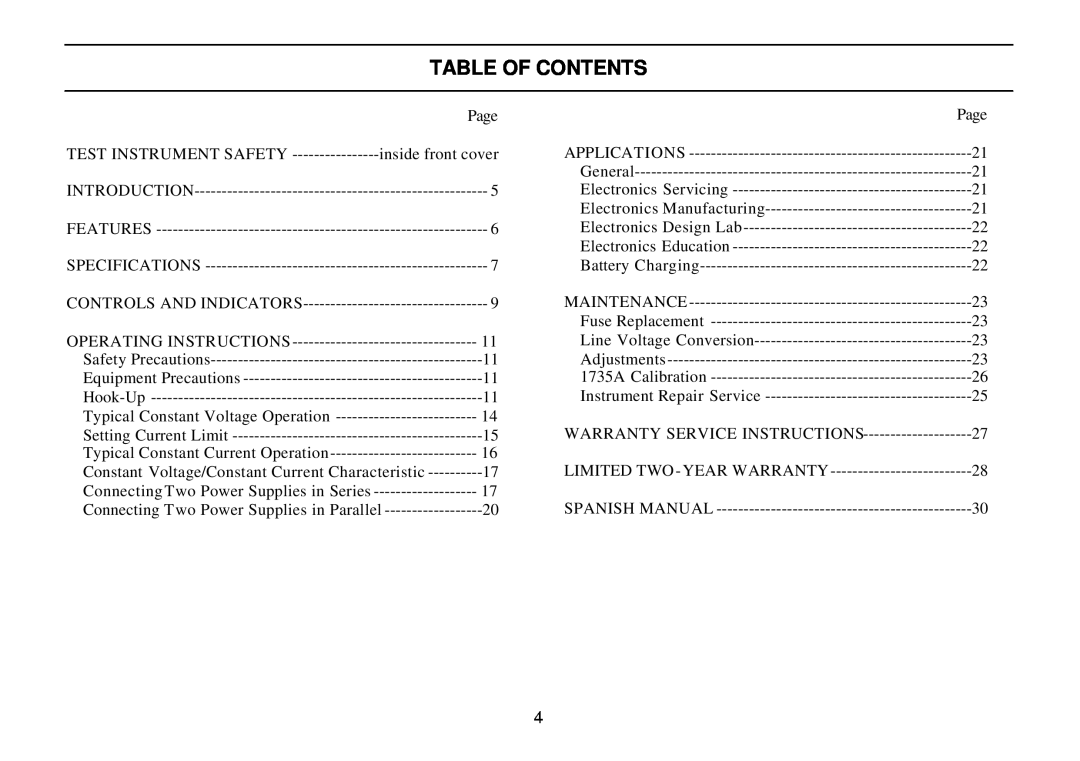 B&K 0-3A, 0-30V instruction manual Table Of Contents, Warranty Service Instructions, Spanish Manual 