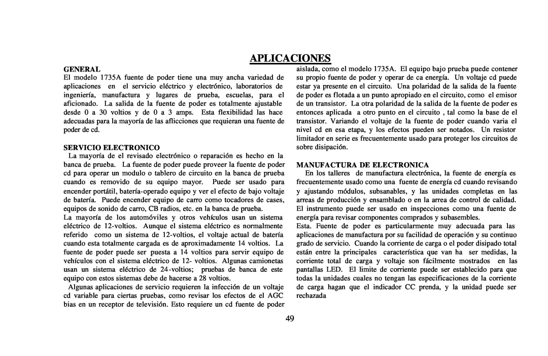B&K 0-30V, 0-3A instruction manual Aplicaciones, General, Servicio Electronico, Manufactura De Electronica 