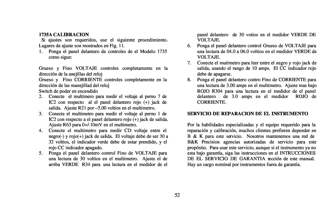 B&K 0-3A, 0-30V instruction manual 1735A CALIBRACION, Servicio De Reparacion De El Instrumento 