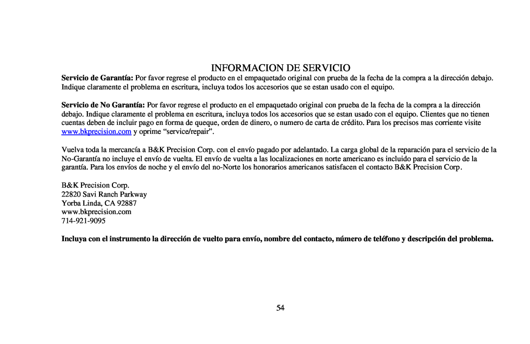 B&K 0-3A, 0-30V instruction manual Informacion De Servicio 