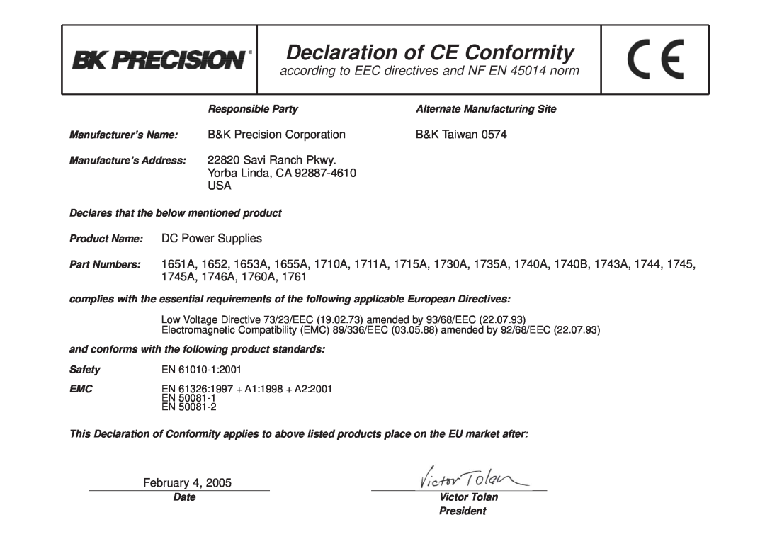 B&K 0-30V, 0-3A Declaration of CE Conformity, according to EEC directives and NF EN 45014 norm, B&K Precision Corporation 