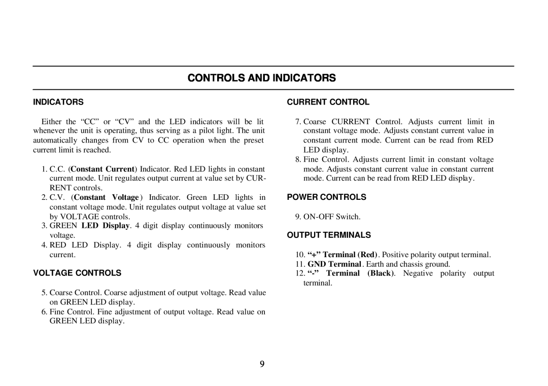 B&K 0-30V, 0-3A Controls And Indicators, Voltage Controls, Current Control, Power Controls, Output Terminals 