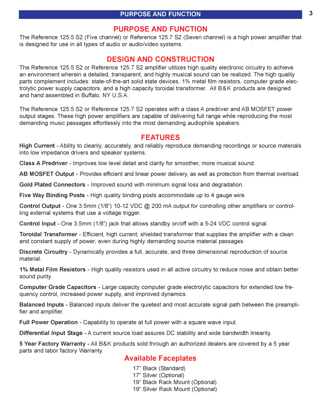 B&K 125.7 S2, 125.5 S2 user manual Purpose and Function, Design and Construction, Features 