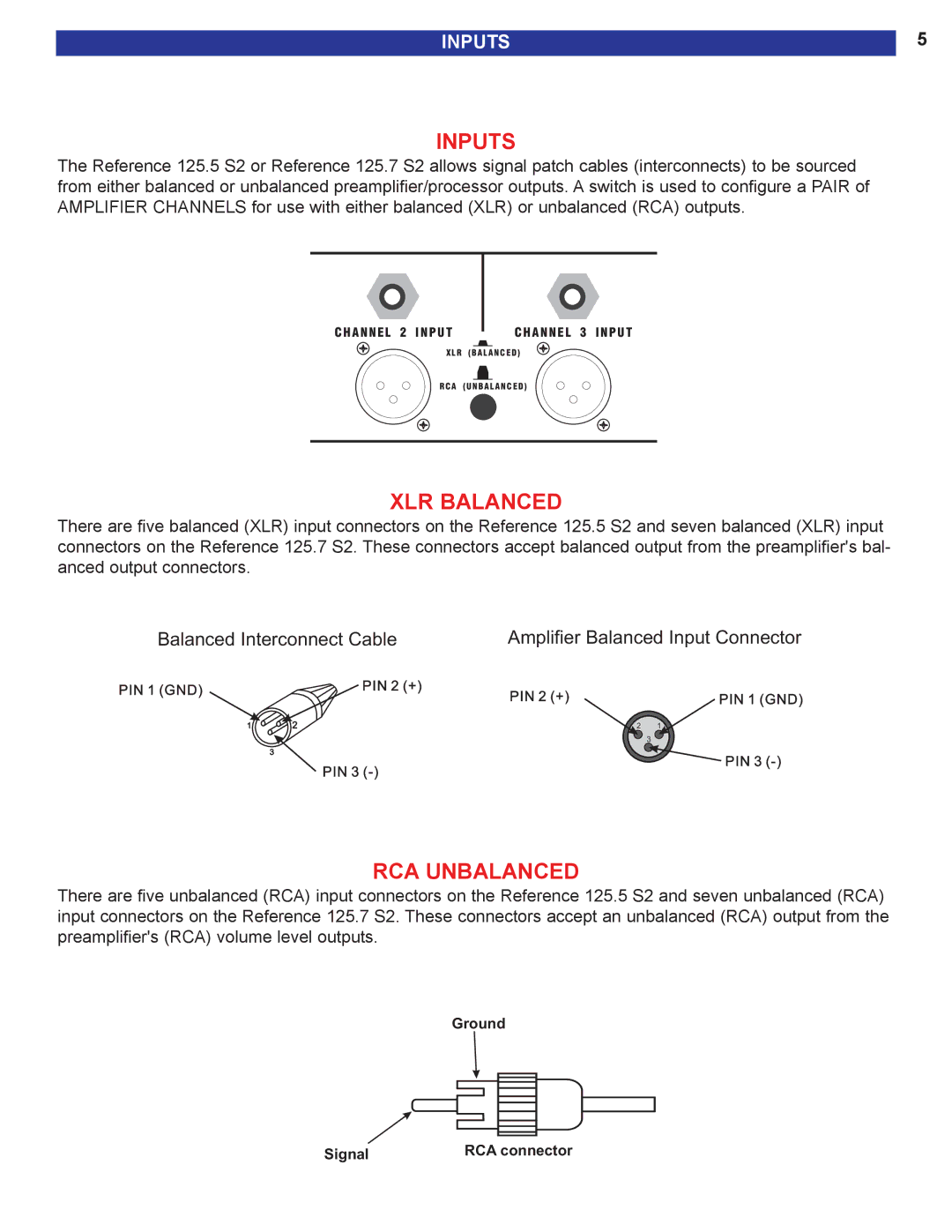 B&K 125.7 S2, 125.5 S2 user manual Inputs, XLR Balanced, RCA Unbalanced 