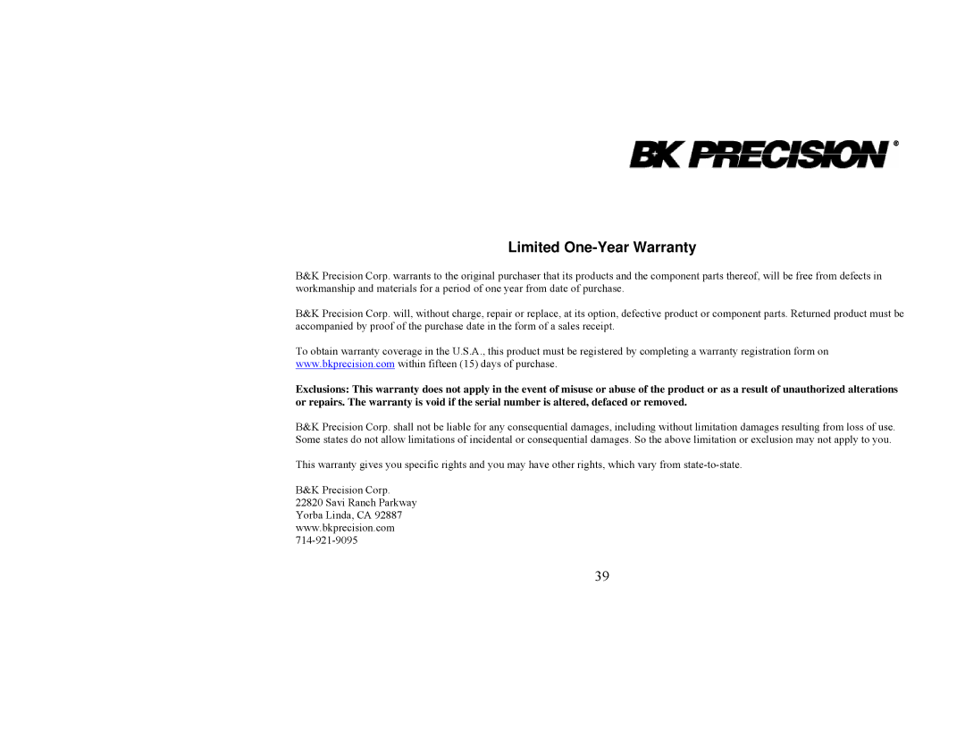 B&K 1652, 1651A instruction manual Limited One-Year Warranty 