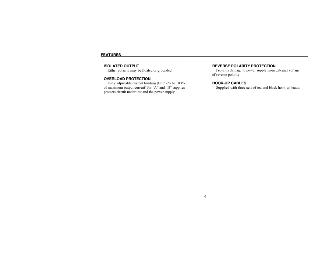 B&K 1651A, 1652 instruction manual Isolated Output, Overload Protection, Reverse Polarity Protection, HOOK-UP Cables 