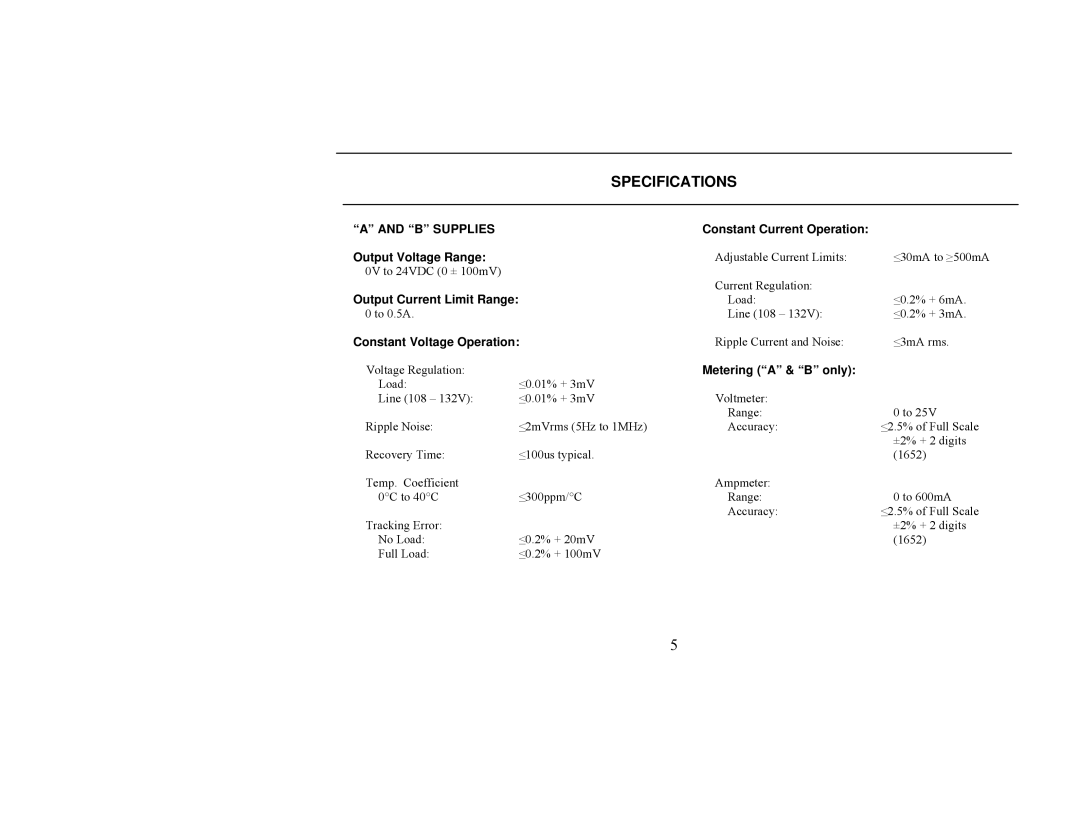 B&K 1652, 1651A instruction manual Specifications, B Supplies 