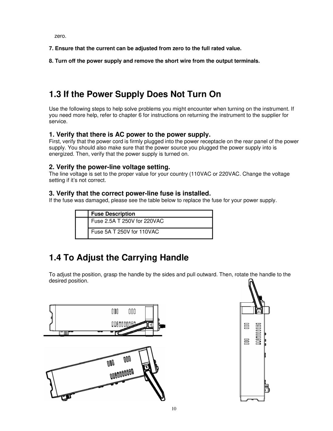 B&K 1785B, 1788 If the Power Supply Does Not Turn On, To Adjust the Carrying Handle, Verify the power-line voltage setting 