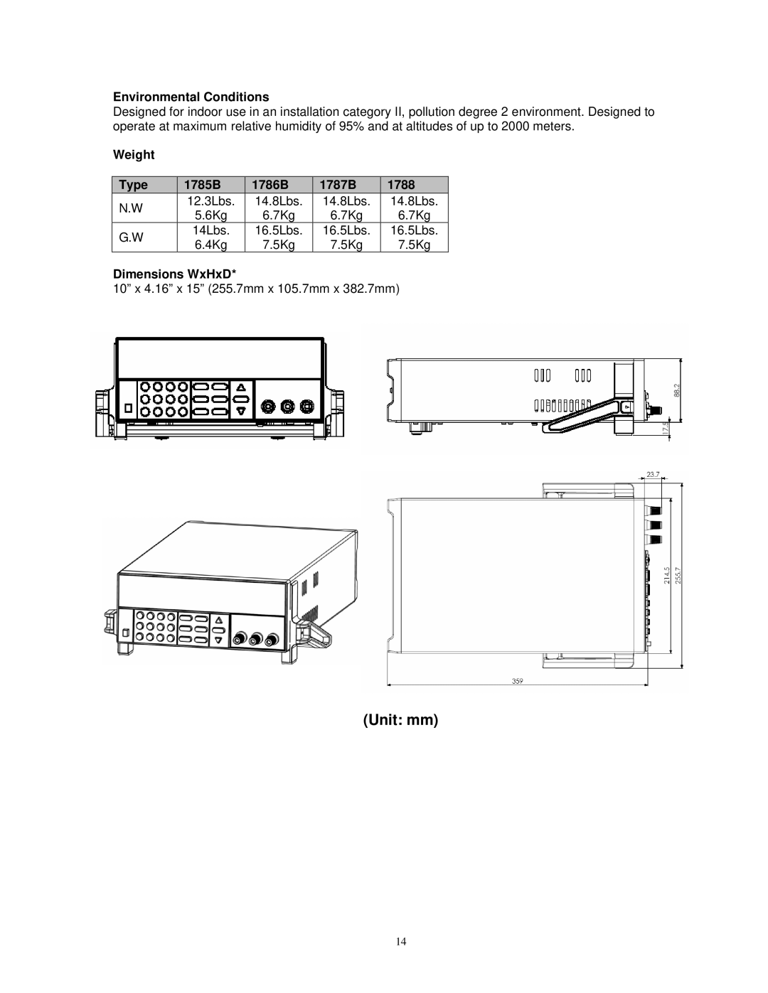 B&K 1785B, 1786B, 1788, 1787B instruction manual Unit mm, Environmental Conditions 