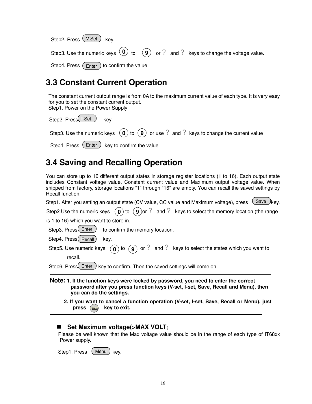 B&K 1786B, 1788 Constant Current Operation, Saving and Recalling Operation, Menu Operation, Set Maximum voltageMAX Volt 