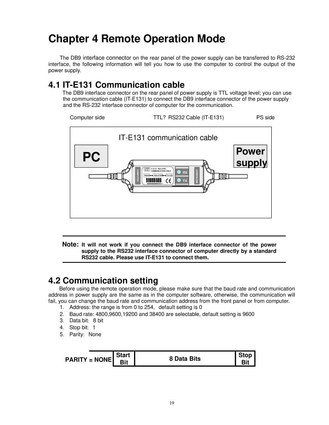 B&K 1787B, 1786B, 1788, 1785B instruction manual Remote Operation Mode, IT-E131 Communication cable, Communication setting 