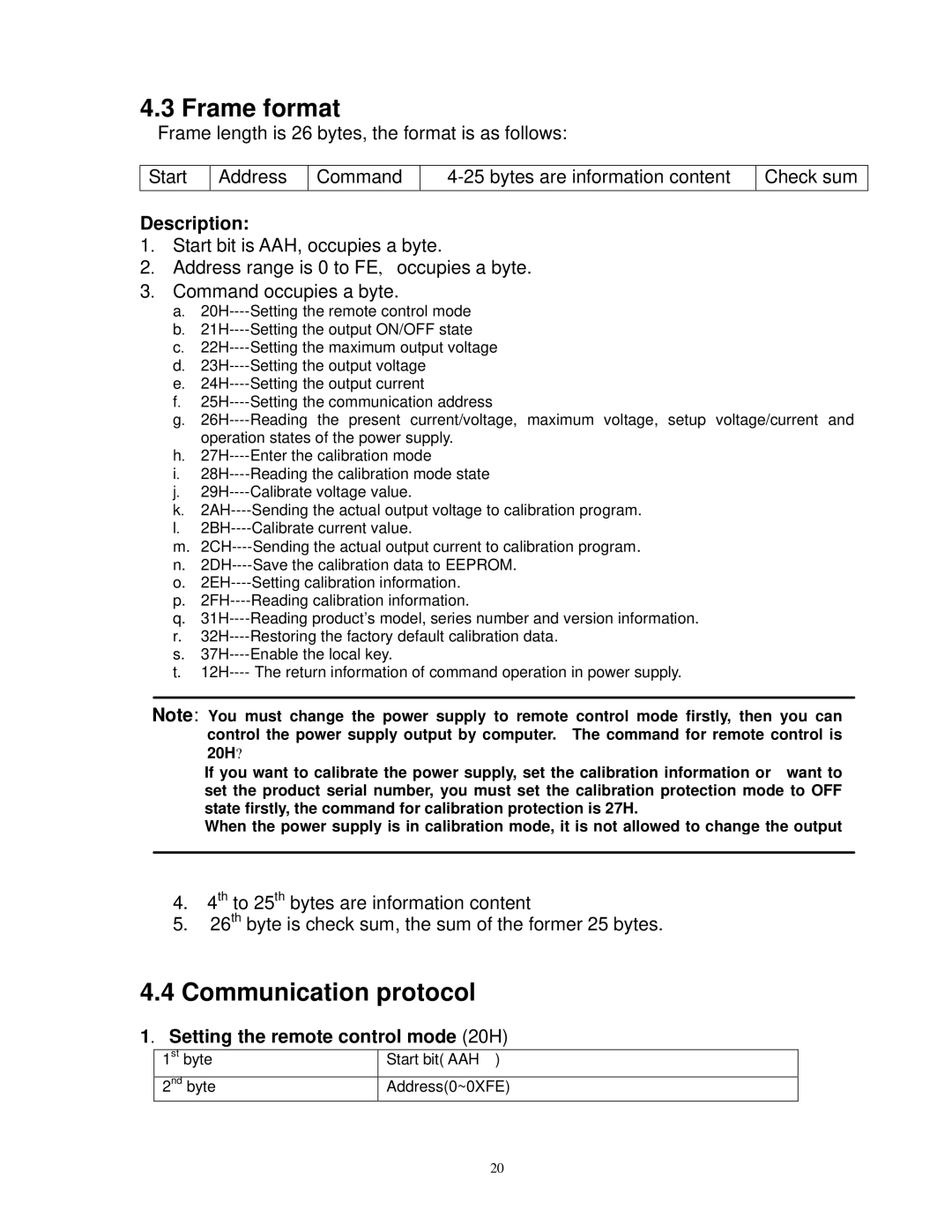 B&K 1786B, 1788, 1785B, 1787B Frame format, Communication protocol, Description, Setting the remote control mode 20H 