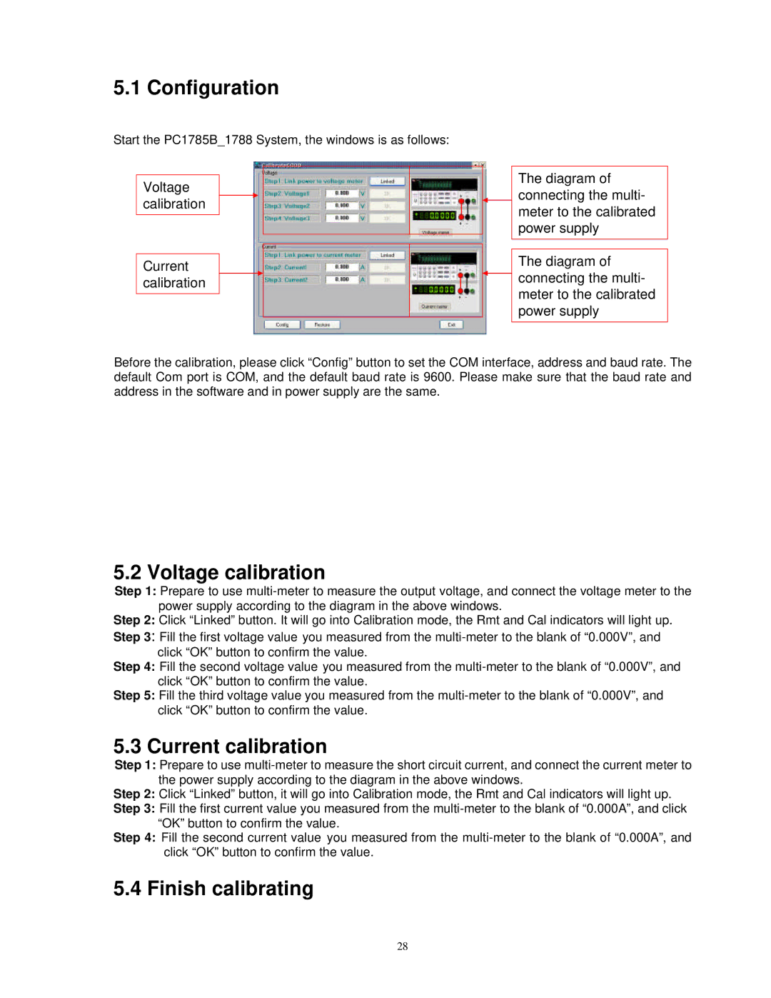 B&K 1786B, 1788, 1785B, 1787B instruction manual Configuration, Voltage calibration, Current calibration, Finish calibrating 