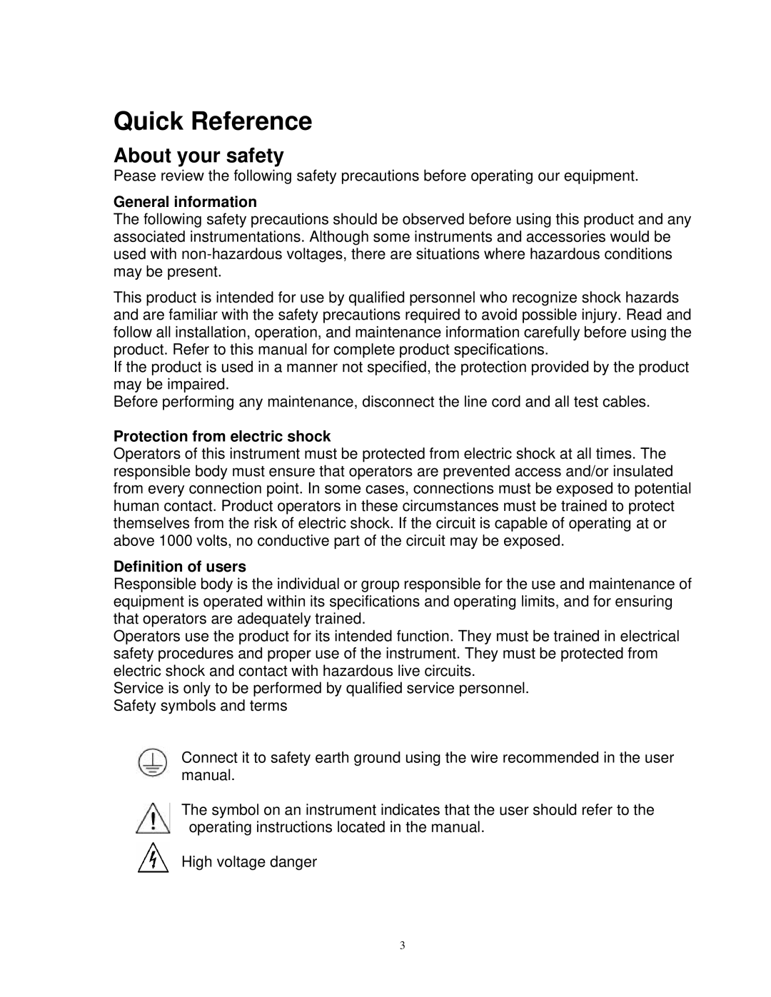 B&K 1787B Quick Reference, About your safety, General information, Protection from electric shock, Definition of users 