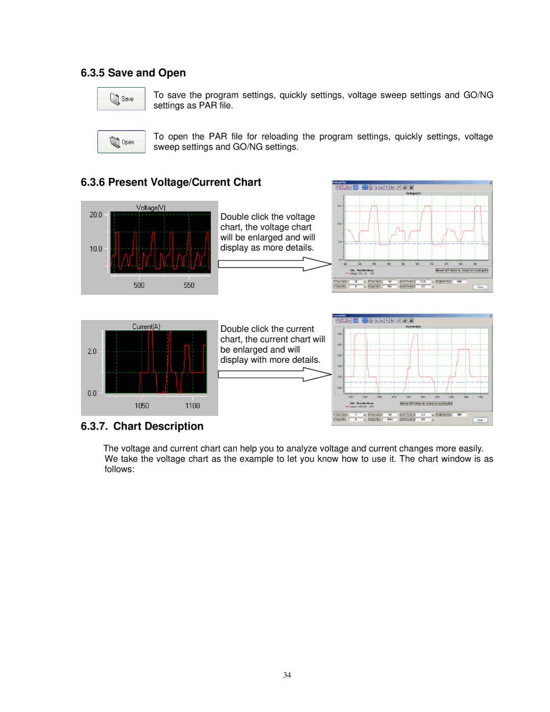 B&K 1785B, 1786B, 1788, 1787B instruction manual Save and Open, Present Voltage/Current Chart, Chart Description 