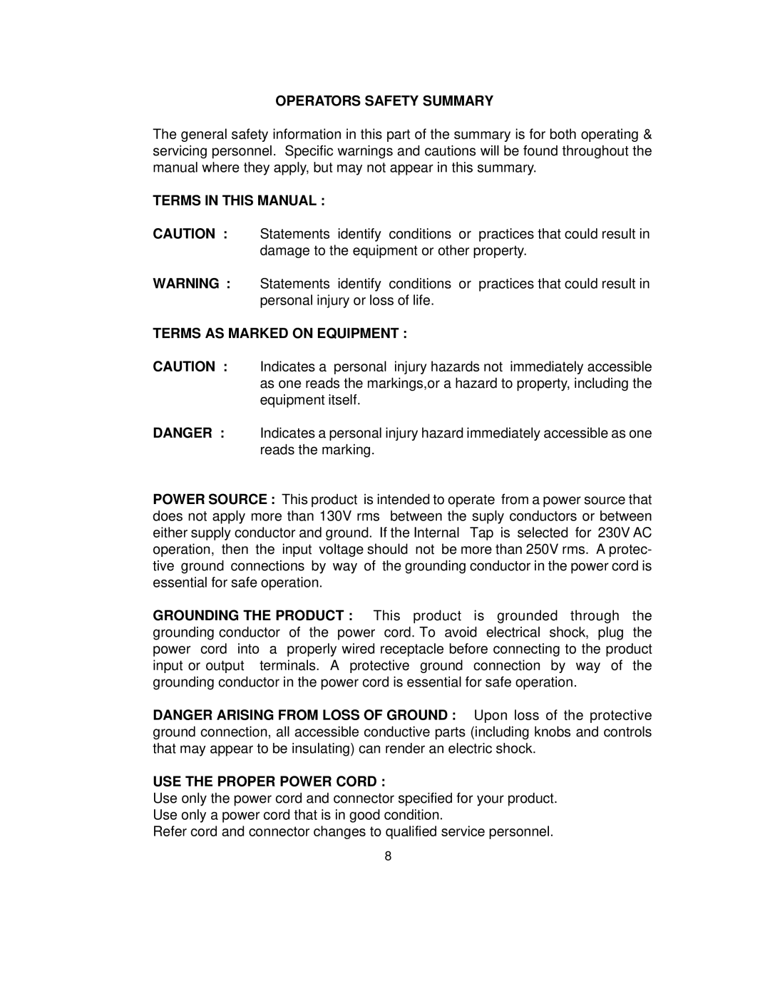 B&K 1794 Operators Safety Summary, Terms in this Manual Terms AS Marked on Equipment, USE the Proper Power Cord 