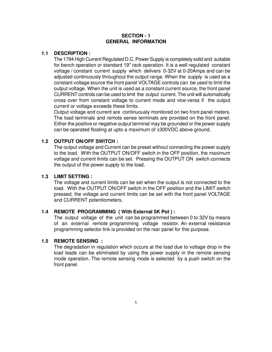 B&K 1794 instruction manual Section General Information Description, Output ON/OFF Switch, Limit Setting, Remote Sensing 