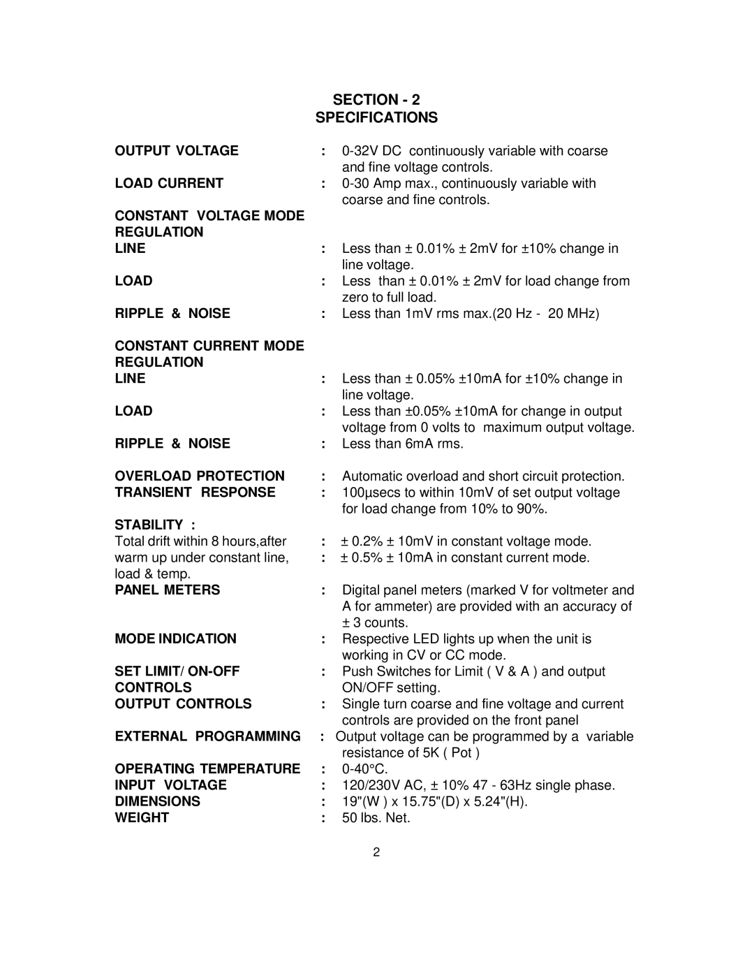 B&K 1794 instruction manual Section Specifications 