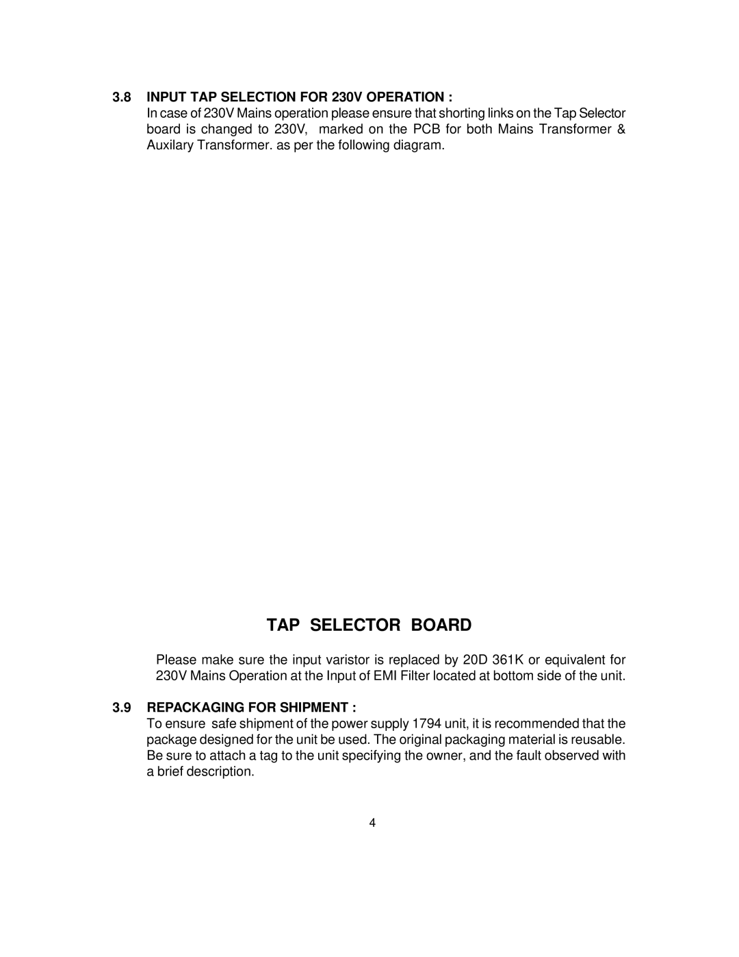 B&K 1794 instruction manual Input TAP Selection for 230V Operation, Repackaging for Shipment 