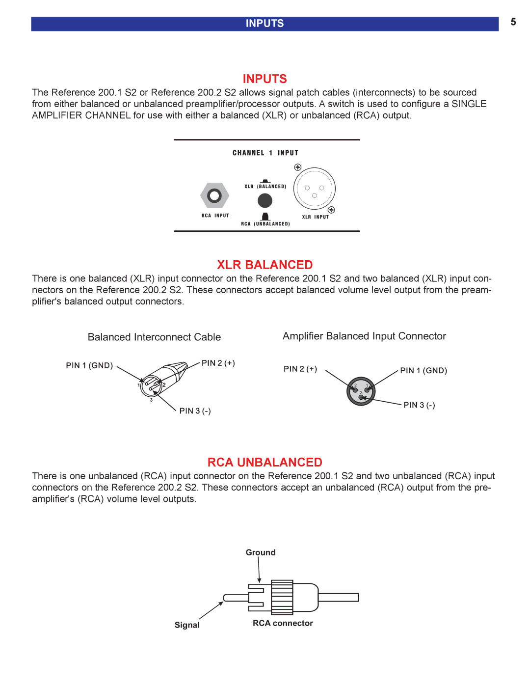 B&K 200.2 S2, 200.1 S2 user manual Inputs, XLR Balanced, RCA Unbalanced 