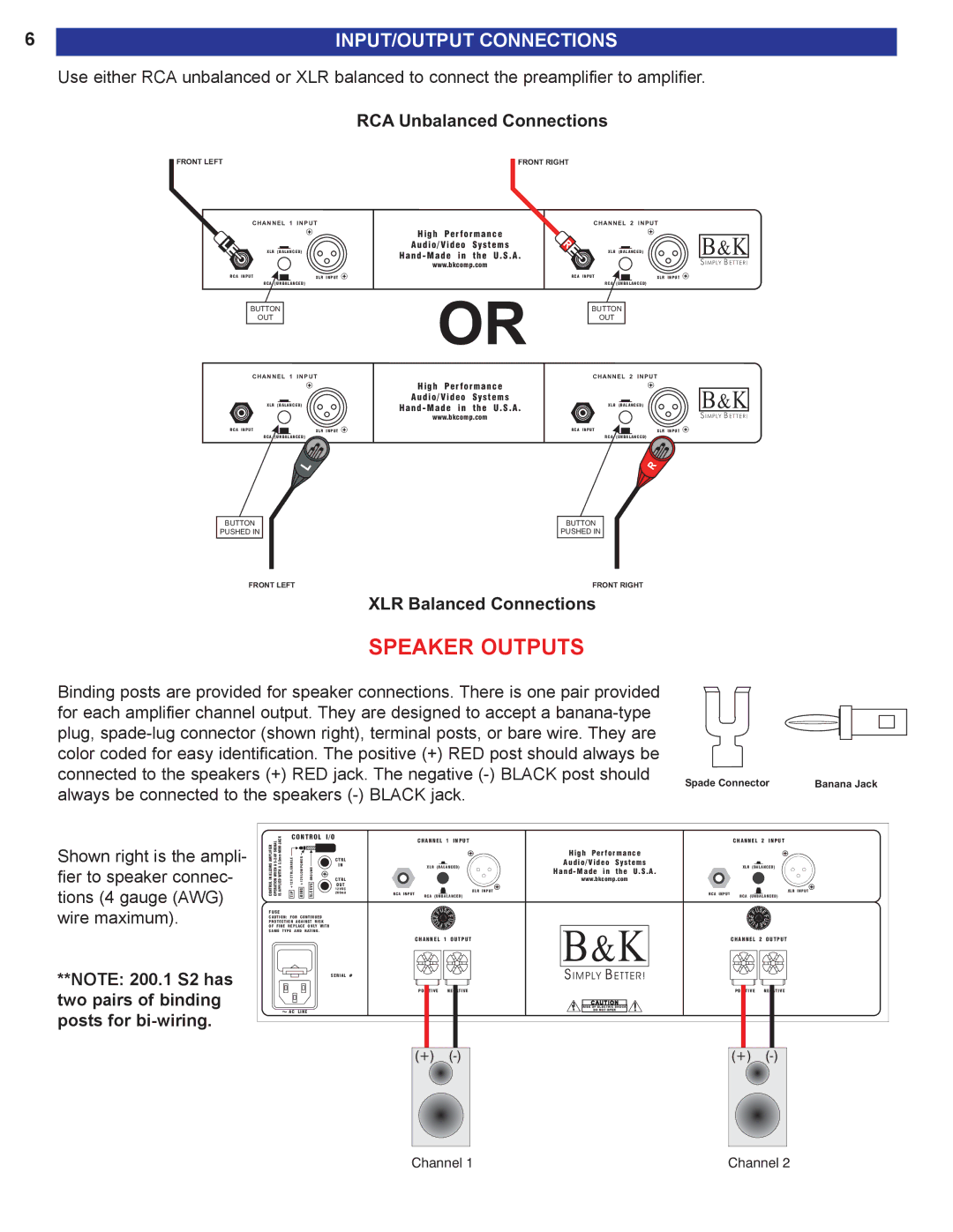 B&K 200.1 S2, 200.2 S2 user manual Speaker Outputs, INPUT/OUTPUT Connections 