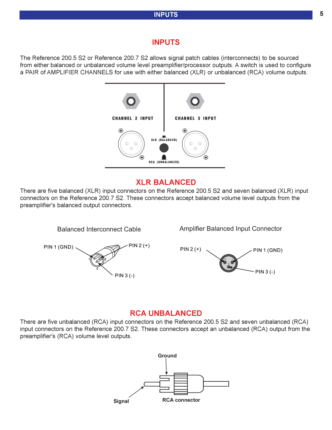 B&K 200.7 S2, 200.5 S2 user manual Inputs, XLR Balanced, RCA Unbalanced 