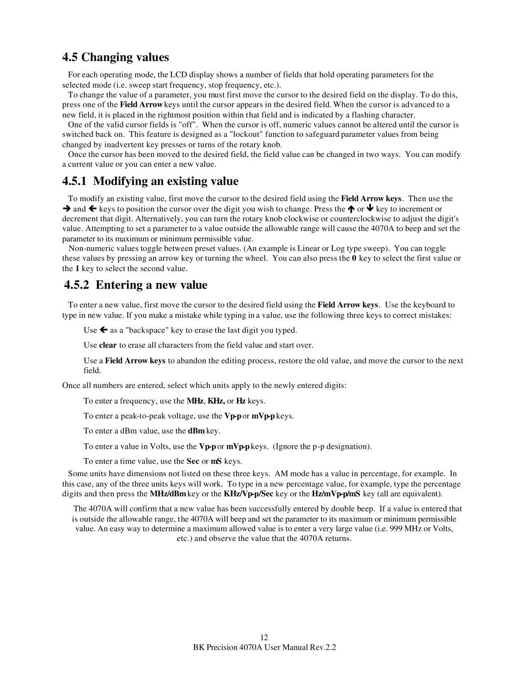 B&K 4070A user manual Changing values, Modifying an existing value, Entering a new value 