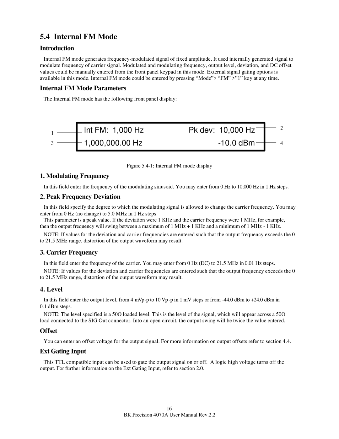 B&K 4070A user manual Int FM 1,000 Hz Pk dev 10,000 Hz 000,000.00 Hz 10.0 dBm, Internal FM Mode Parameters 