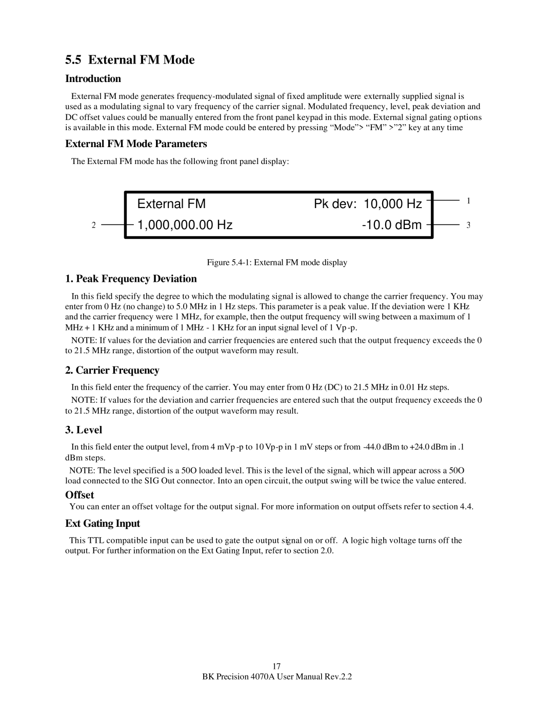 B&K 4070A user manual External FM Pk dev 10,000 Hz 000,000.00 Hz 10.0 dBm, External FM Mode Parameters 