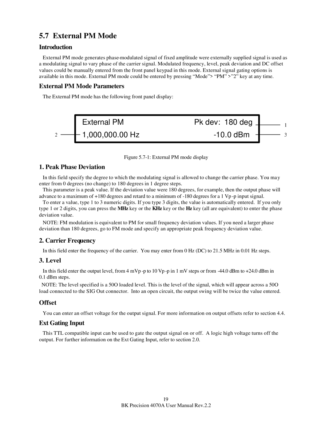 B&K 4070A user manual External PM Pk dev 180 deg 000,000.00 Hz 10.0 dBm, External PM Mode Parameters 