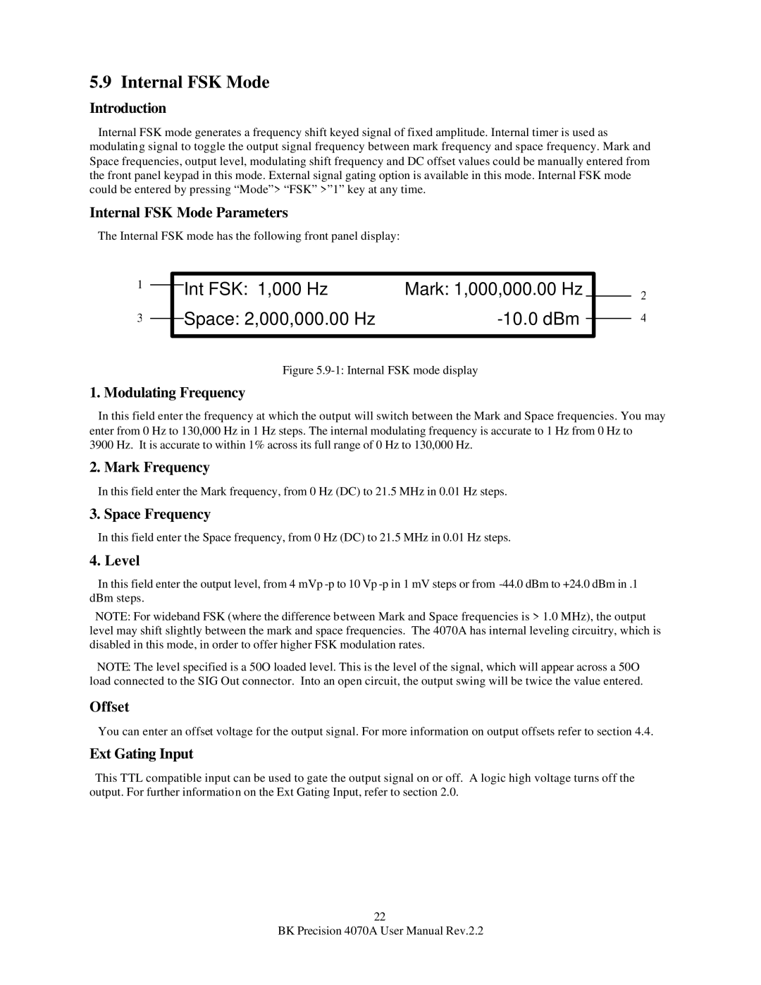 B&K 4070A user manual Internal FSK Mode Parameters, Mark Frequency, Space Frequency 