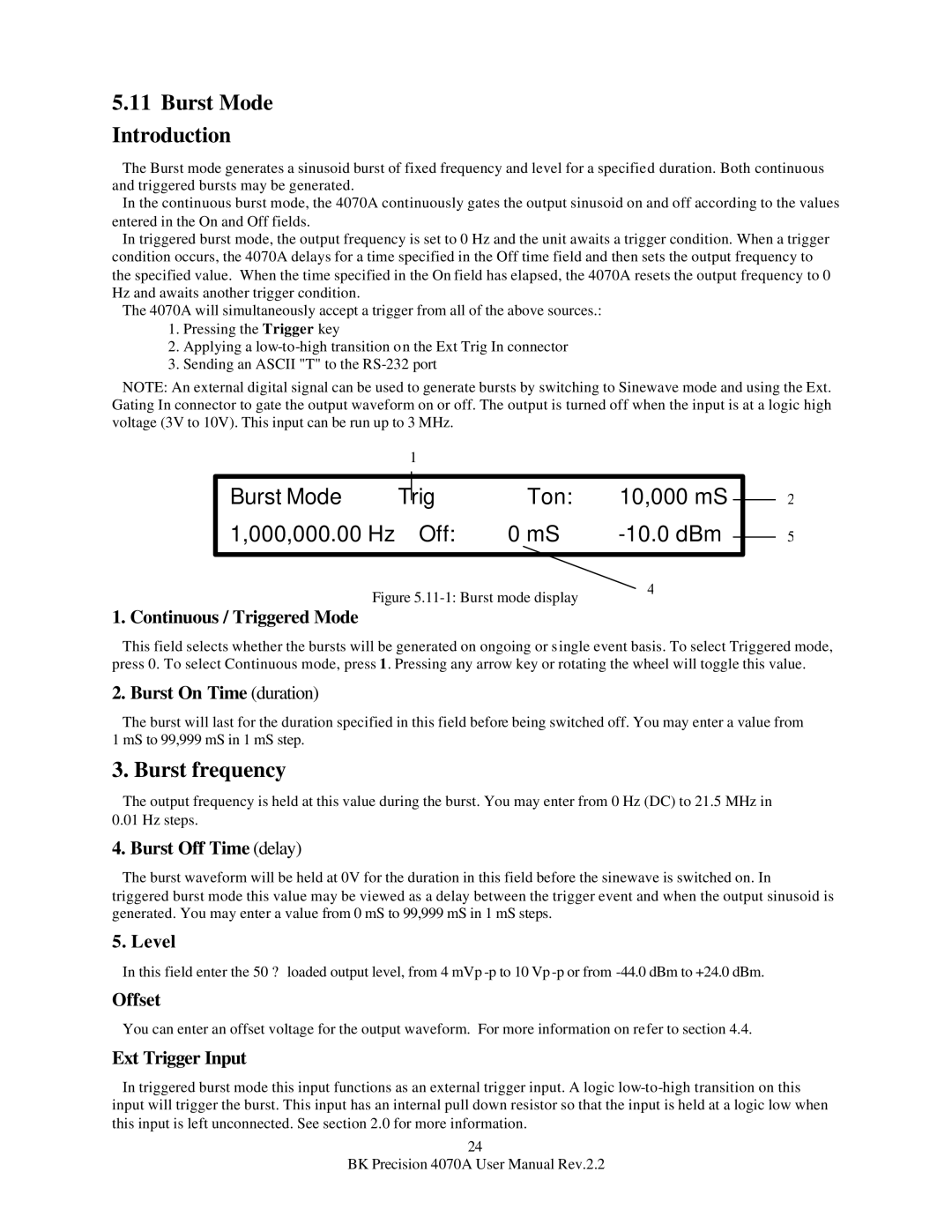 B&K 4070A user manual Burst Mode Introduction, Burst Mode Trig Ton 10,000 mS 000,000.00 Hz Off 10.0 dBm, Burst frequency 