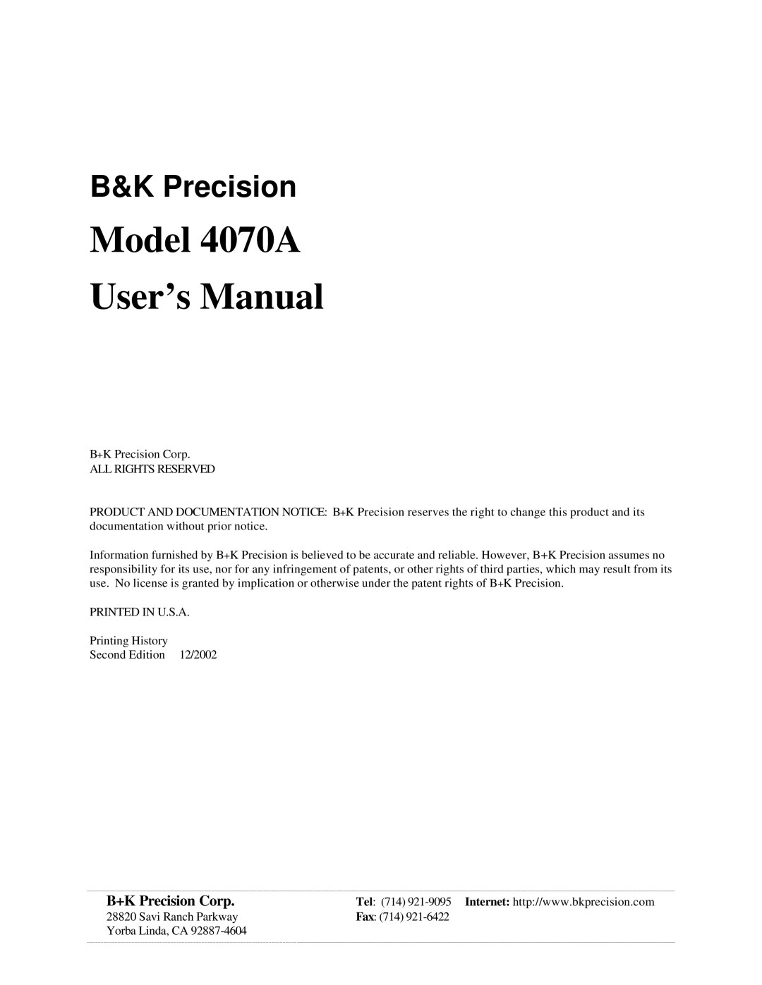 B&K user manual Model 4070A User’s Manual, +K Precision Corp 