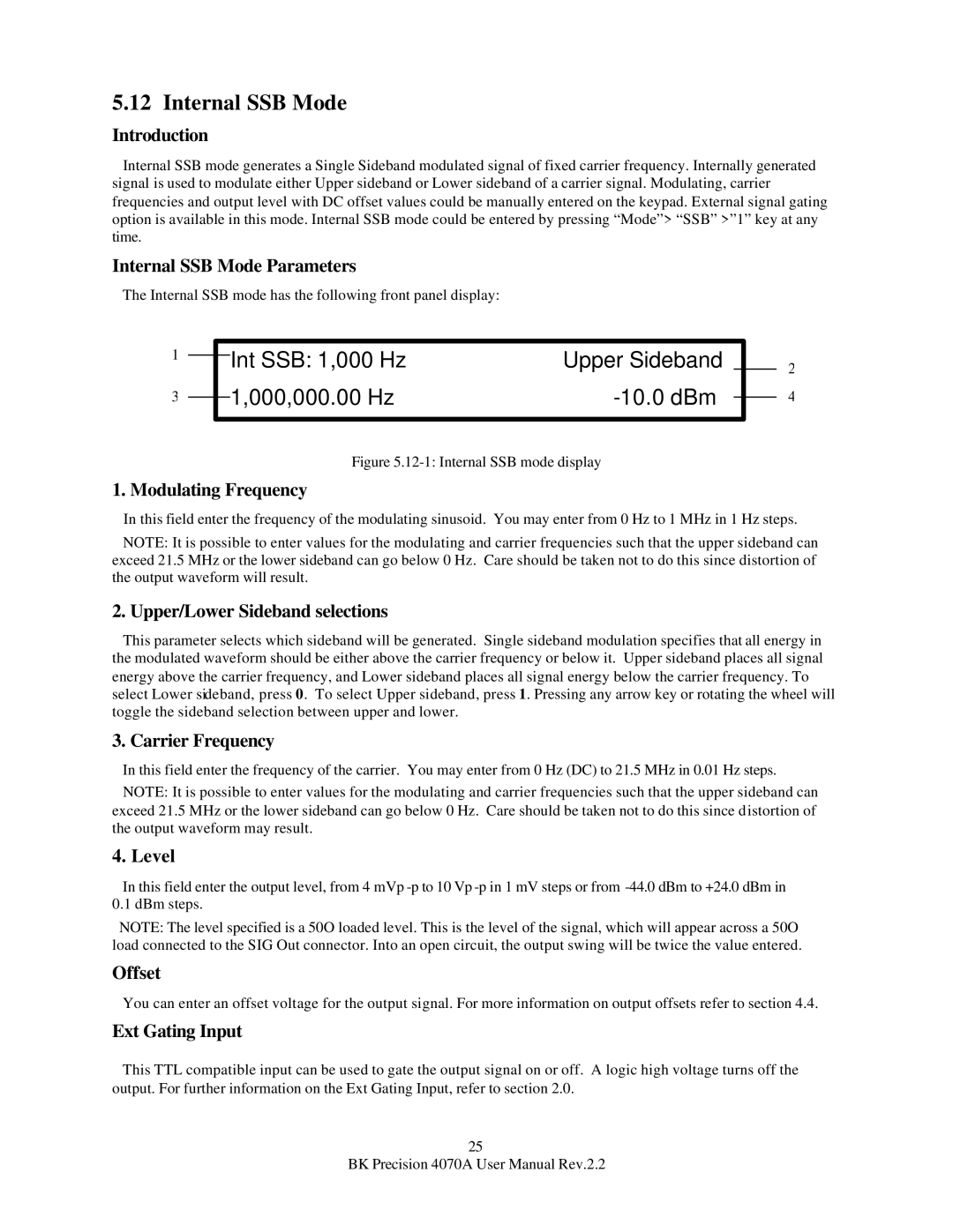 B&K 4070A user manual Int SSB 1,000 Hz Upper Sideband 000,000.00 Hz 10.0 dBm, Internal SSB Mode Parameters 