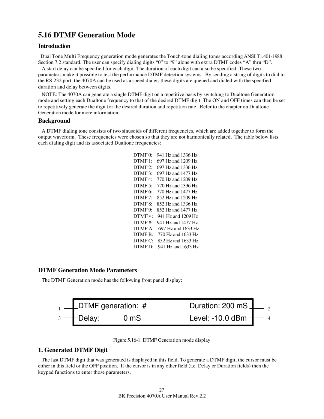 B&K 4070A Dtmf Generation Mode, Dtmf generation # Duration 200 mS Delay Level -10.0 dBm, Background, Generated Dtmf Digit 