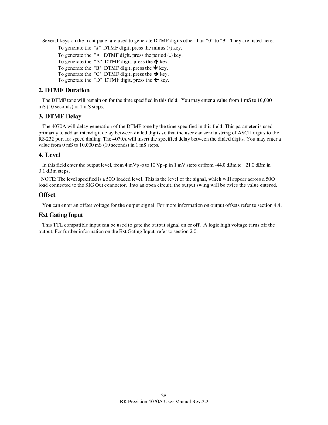 B&K 4070A user manual Dtmf Duration, Dtmf Delay 