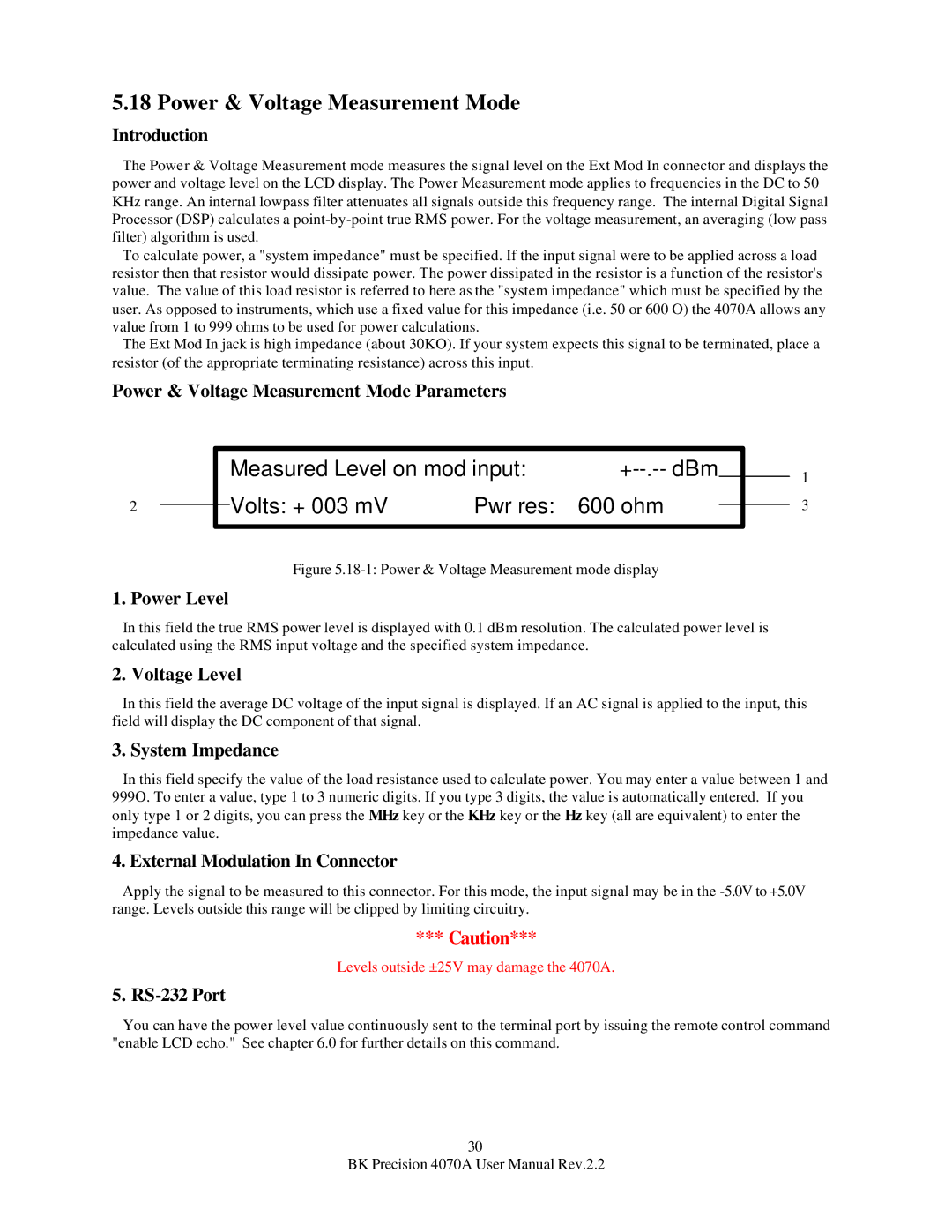 B&K 4070A user manual Power & Voltage Measurement Mode Parameters, Power Level, Voltage Level, System Impedance 