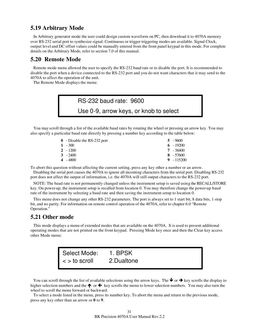 B&K 4070A user manual Arbitrary Mode, Remote Mode, Other mode 