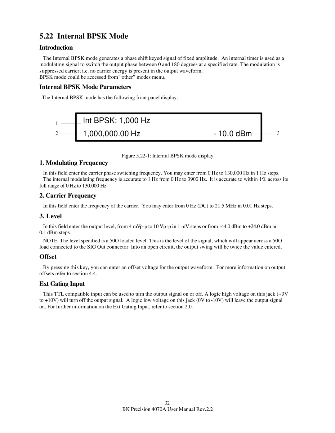 B&K 4070A user manual Int Bpsk 1,000 Hz 000,000.00 Hz 10.0 dBm, Internal Bpsk Mode Parameters 