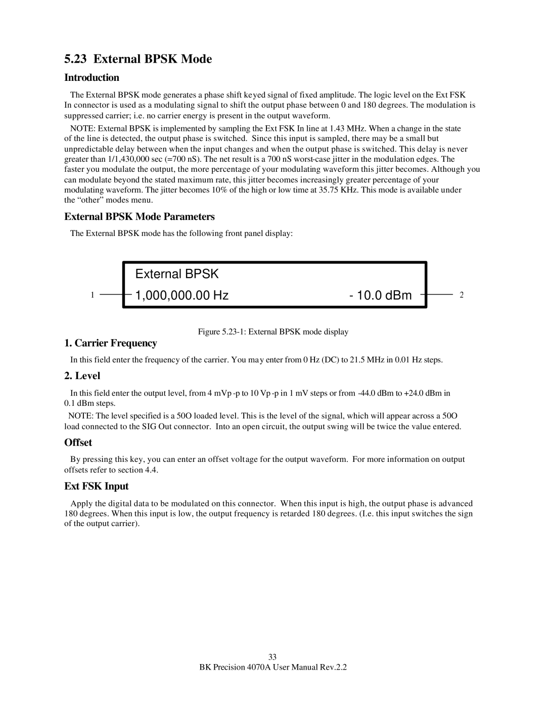 B&K 4070A user manual External Bpsk 000,000.00 Hz 10.0 dBm, External Bpsk Mode Parameters 