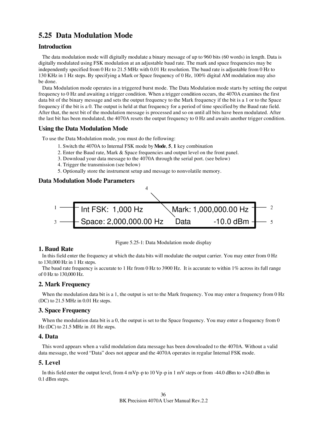 B&K 4070A user manual Using the Data Modulation Mode, Data Modulation Mode Parameters, Baud Rate 