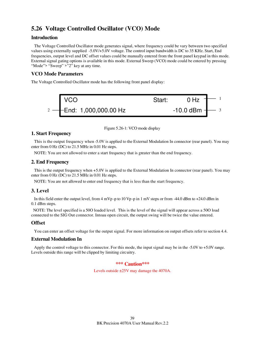 B&K 4070A Voltage Controlled Oscillator VCO Mode, Start End 1,000,000.00 Hz 10.0 dBm, VCO Mode Parameters, End Frequency 