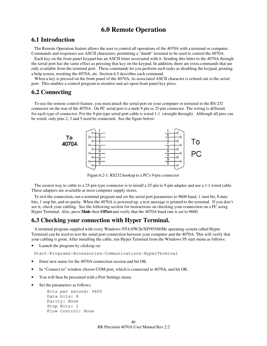 B&K 4070A user manual Remote Operation, Connecting, Checking your connection with Hyper Terminal 