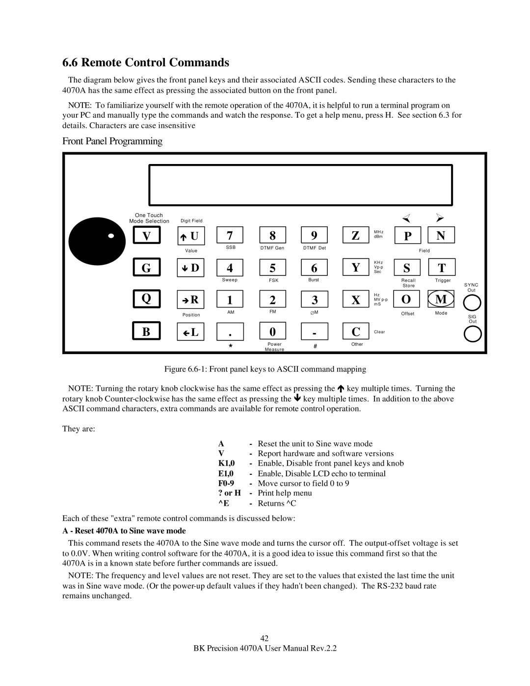 B&K user manual Remote Control Commands, × Ø, Returns C, Reset 4070A to Sine wave mode 