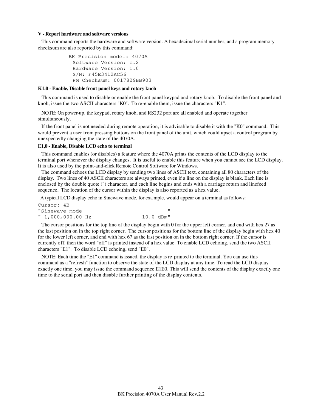 B&K 4070A user manual Report hardware and software versions, K1.0 Enable, Disable front panel keys and rotary knob 