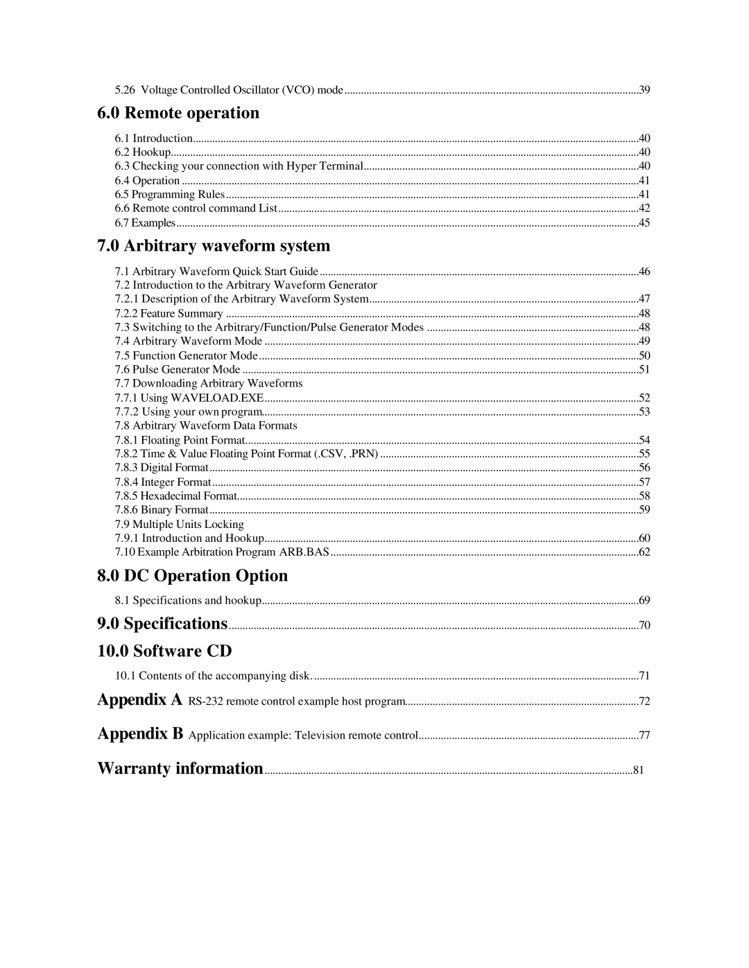 B&K 4070A user manual Remote operation, Arbitrary waveform system, DC Operation Option, Software CD, Appendix a Appendix B 