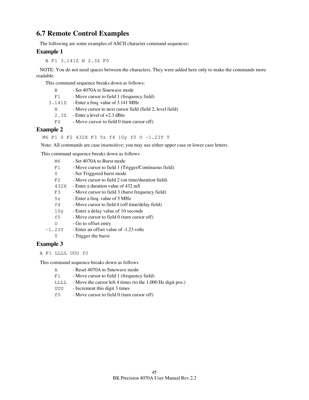 B&K 4070A user manual Remote Control Examples 