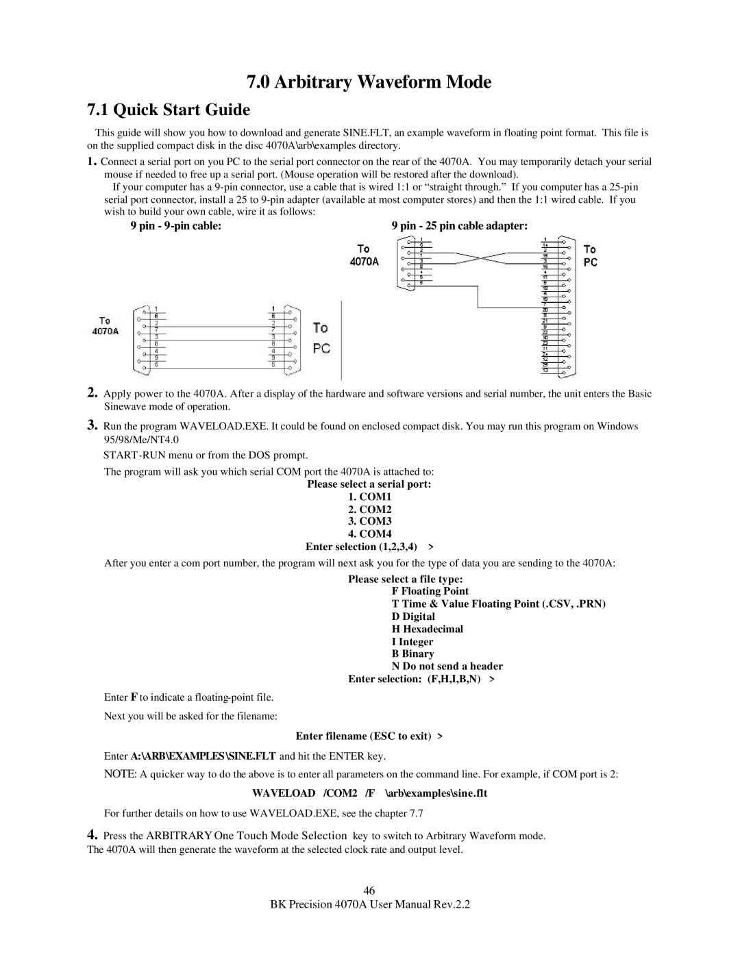 B&K 4070A user manual Arbitrary Waveform Mode, Quick Start Guide, Pin 9-pin cable Pin 25 pin cable adapter 