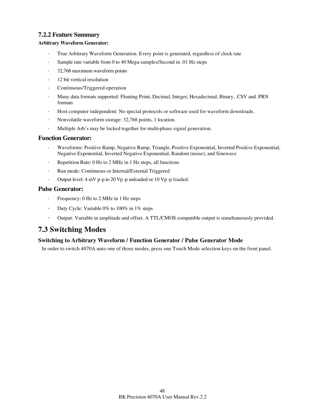 B&K 4070A user manual Switching Modes, Feature Summary, Function Generator, Pulse Generator, Arbitrary Waveform Generator 