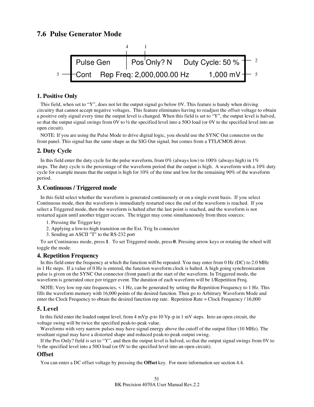 B&K 4070A user manual Pulse Generator Mode, Positive Only, Duty Cycle 